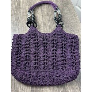 Capelli Straworld Handbag Purple Beaded Crochet Purse Boho Jeweled Handles